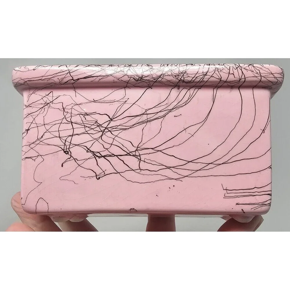 Vtg Hull MCM Pink Ceramic Footed Splatter Lines Mini Loaf Pan Trinket Dish 6